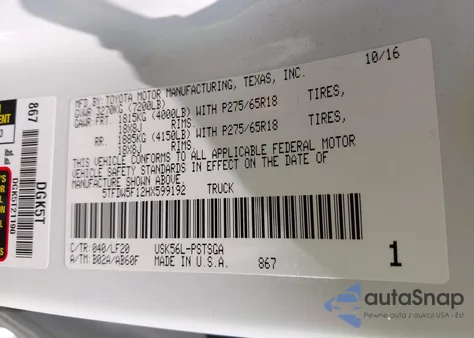 2017 Toyota Tundra Trd Pro 5.7L V8 z USA, uszkodzony, nr VIN 5TFDW5F12HX599192